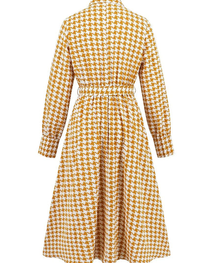 Tied Houndstooth Long Sleeve Midi Dress