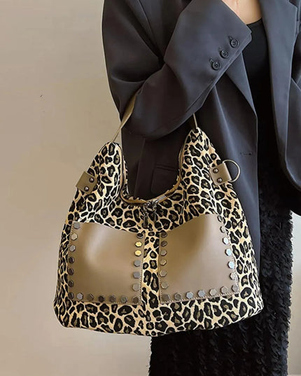 Leopard Polyester Shoulder Bag with Zippers