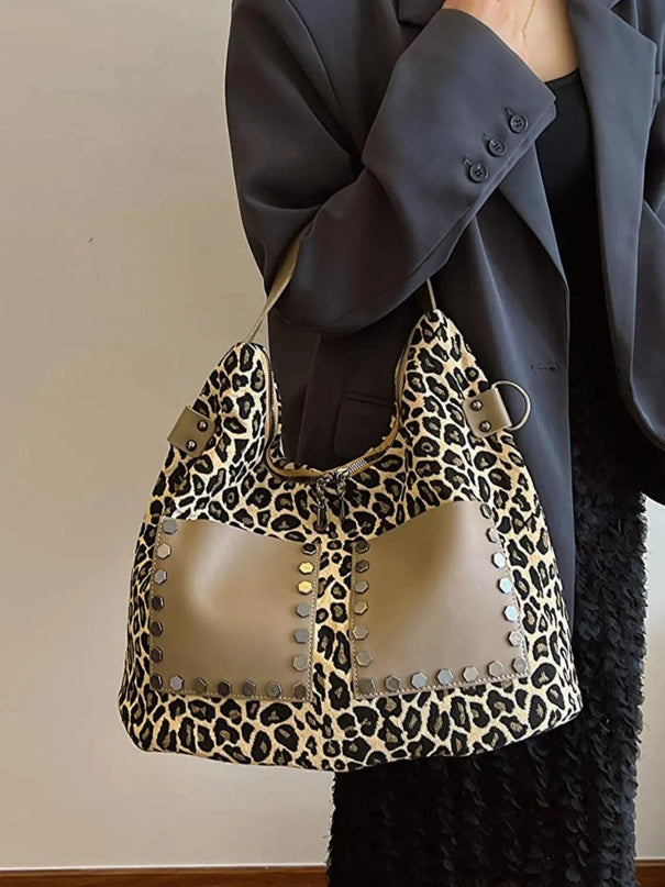 Bolso bandolera de poliéster con estampado de leopardo y cremalleras