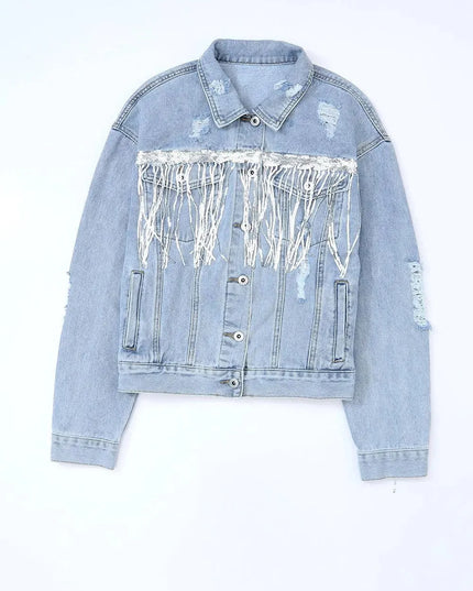 Sequin Fringe Trim Distressed Button Up Denim Jacket - ShopEasier