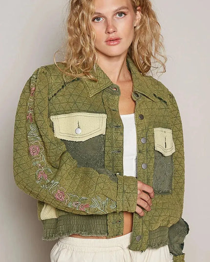 POL Embroidered Sleeve Raw Edge Quilted Jacket - ShopEasier