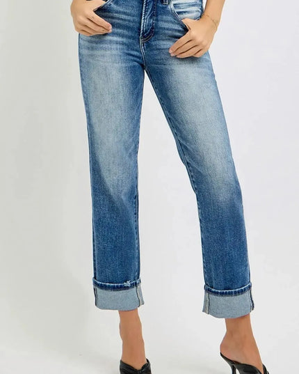 RISEN Full Size High Rise Crop Straight Roll Up Jeans - ShopEasier