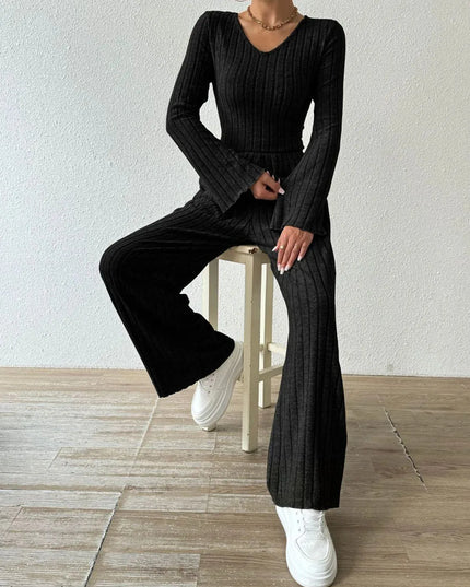 V-Neck Ribbed Long Sleeve Top with Pocketed Trousers Set