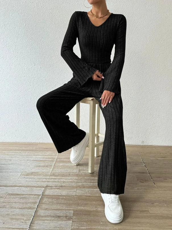 V-Neck Ribbed Long Sleeve Top with Pocketed Trousers Set