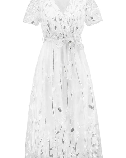 Sequin Leaf Embroidery Tie Front Short Sleeve Dress