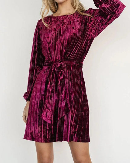 Velvet Round Neck Tie Waist Long Sleeve Mini Dress