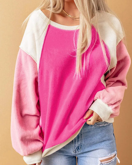 Color Block Casual Round Neck Sweatshirt with Dropped Shoulders