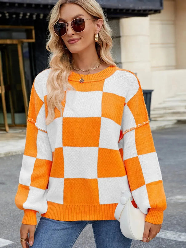 Checkered Round Neck Long Sleeve Sweater - ShopEasier