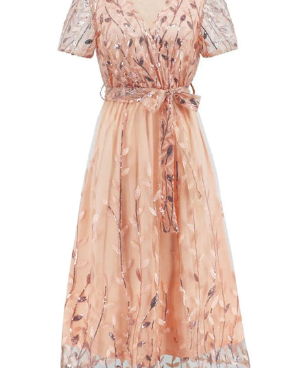 Sequin Leaf Embroidery Tie Front Short Sleeve Dress