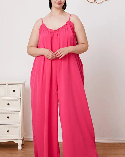 Double Take Full Size Ruffle Trim Tie Back Cami Jumpsuit with Pockets - ShopEasier