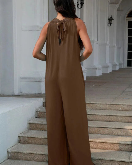 Double Take Full Size Tie Back Cutout Sleeveless Jumpsuit - ShopEasier