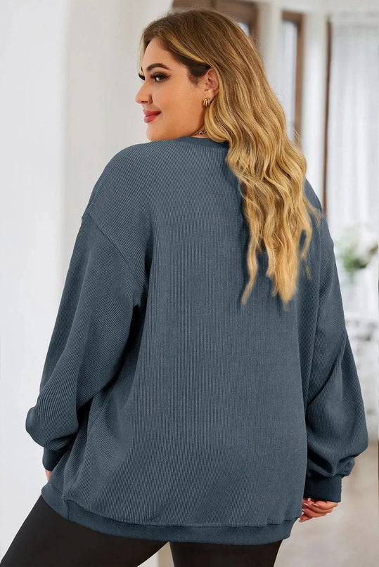 Plus Size Heart Ribbed Round Neck Sweatshirt - ShopEasier