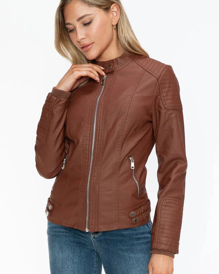 Snobbish Faux Leather Biker Jacket with Side Zip Pockets - ShopEasier