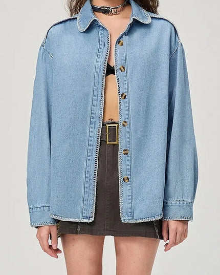 Button Up Collared Neck Denim Top - ShopEasier