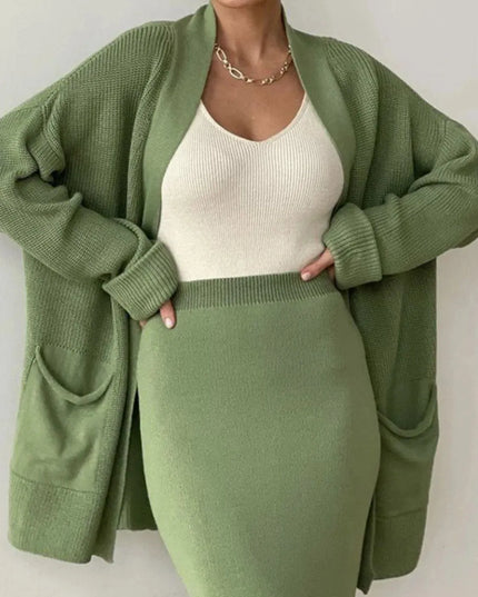 Pocketed Long Sleeve Cardigan and Skirt Sweater Set