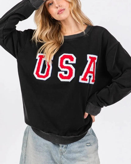 USA Letter Patch Classic Round Neck Sweatshirt by SAGE + FIG