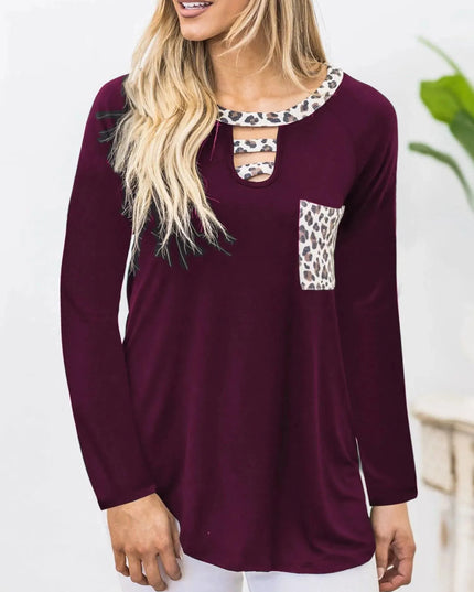 Leopard Print Cutout Long Sleeve Tee with Pocket