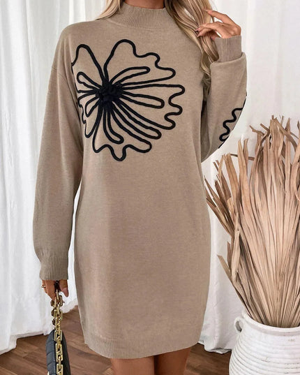 Perfee Flower Mock Neck Long Sleeve Sweater Dress