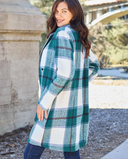 Plaid Button-Up Lapel Coat with Pockets - Full Size Double Take Design