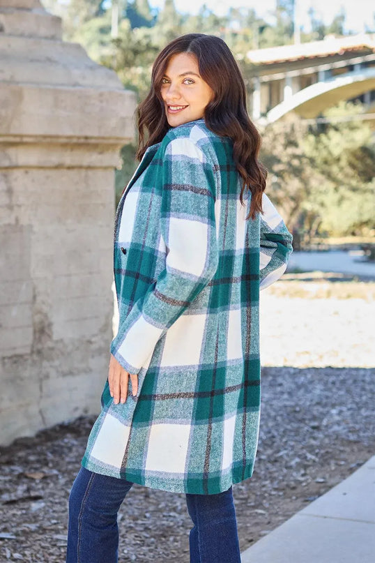 Plaid Button-Up Lapel Coat with Pockets - Full Size Double Take Design