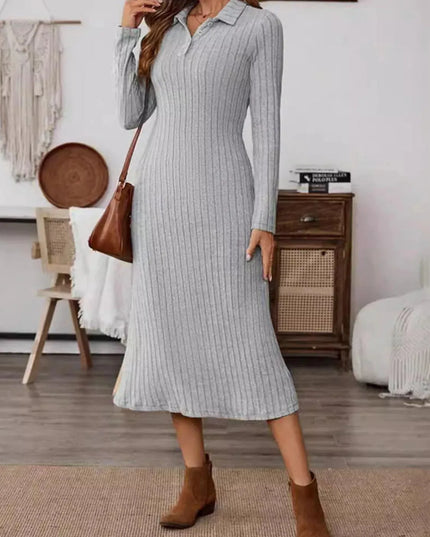 Collared Neck Long Sleeve Midi Dress