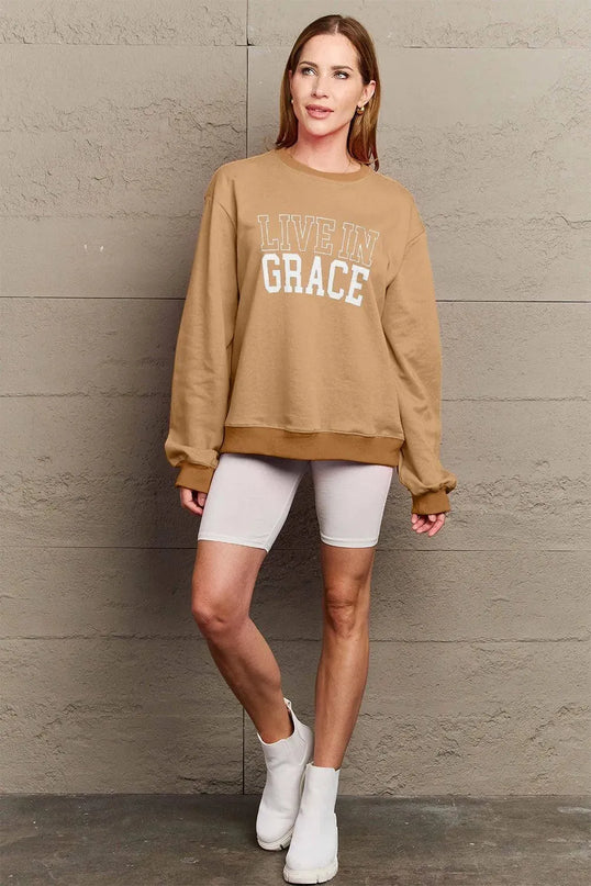 Simply Love Full Size LIVE IN GRACE Graphic Sweatshirt - ShopEasier