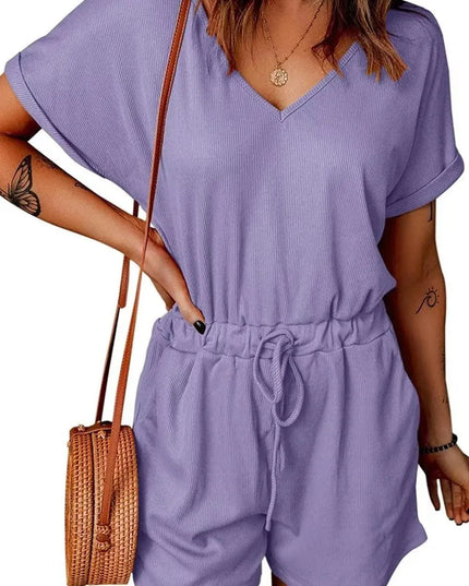 Full Size Drawstring V-Neck Short Sleeve Romper - ShopEasier