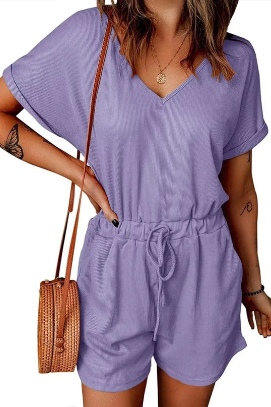 Full Size Drawstring V-Neck Short Sleeve Romper - ShopEasier