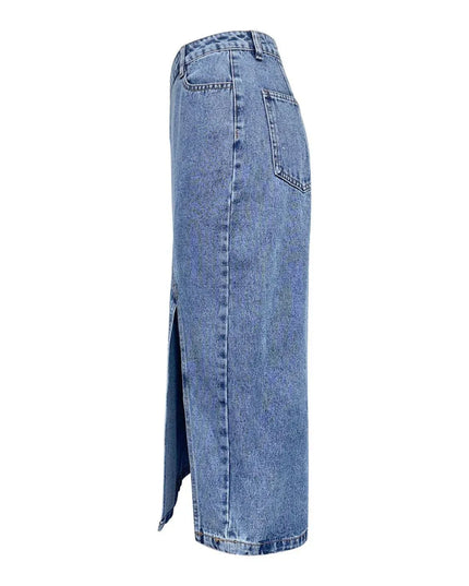 Slit Asymmetrical Waistband Midi Denim Skirt - ShopEasier