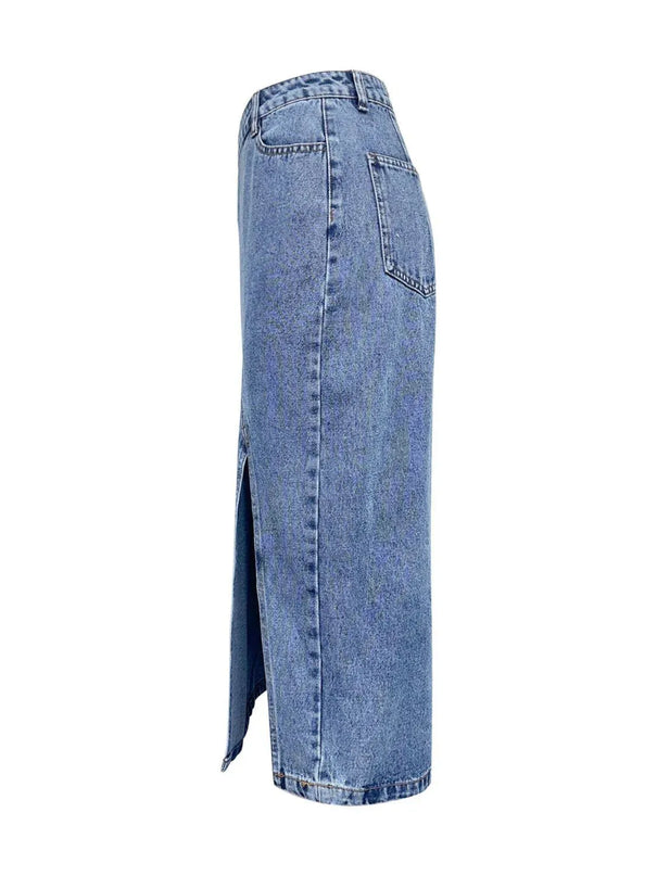 Slit Asymmetrical Waistband Midi Denim Skirt - ShopEasier