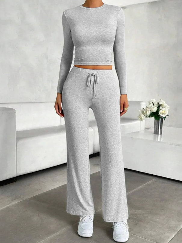 Casual Two-Piece Long Sleeve Top and Drawstring Pant Set