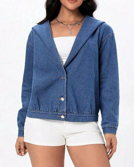 Button Up Hooded Denim Top - ShopEasier