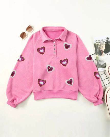 Heart Sequin Half Snap Mineral Wash Sweatshirt