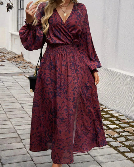 Devine Split Printed Surplice Long Sleeve Midi Dress - ShopEasier