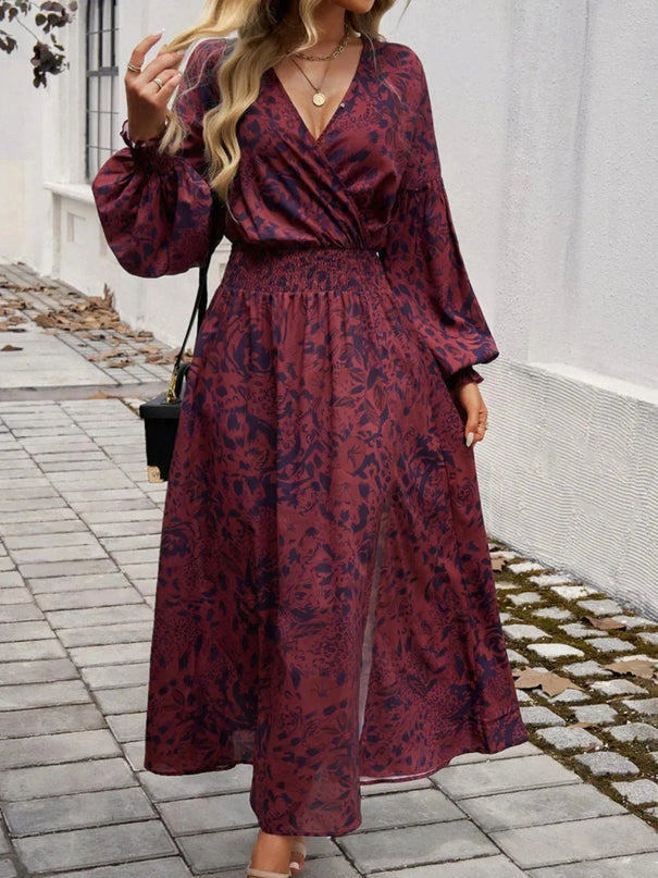 Devine Split Printed Surplice Long Sleeve Midi Dress - ShopEasier