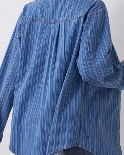 Striped Texture Collared Neck Denim Top - ShopEasier