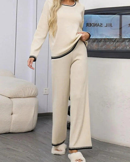 Two-Piece Round Neck Sweater Set with Contrast Trim