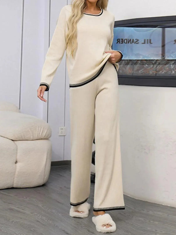 Two-Piece Round Neck Sweater Set with Contrast Trim