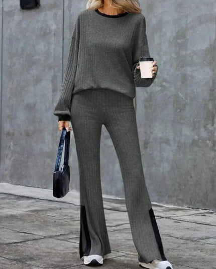 Contrast Round Neck Long Sleeve Top and Bootcut Pants Set