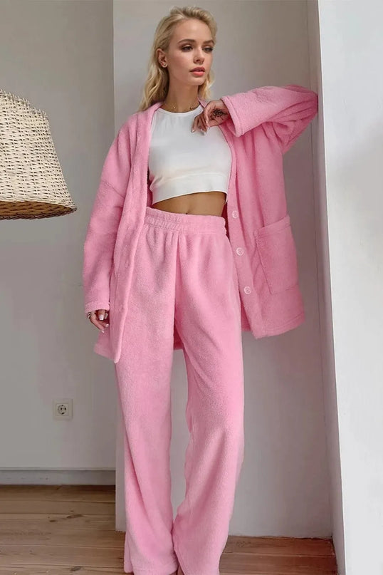 Basic Bae Buttery-Soft V-Neck Button Up Top and Pants Set - ShopEasier