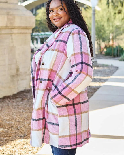 Plaid Button-Up Lapel Coat with Pockets - Full Size Double Take Design