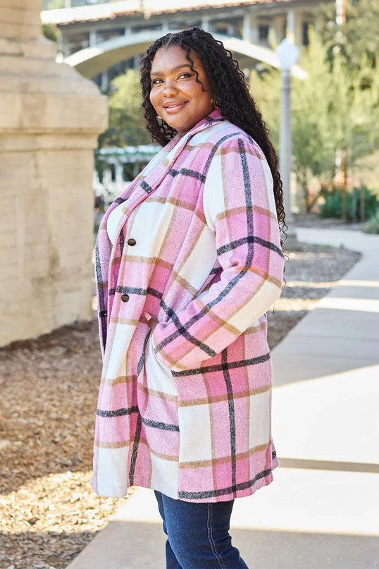 Plaid Button-Up Lapel Coat with Pockets - Full Size Double Take Design