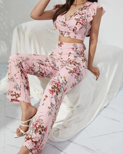 Honey Printed Surplice Cap Sleeve Top and Pants Set - ShopEasier