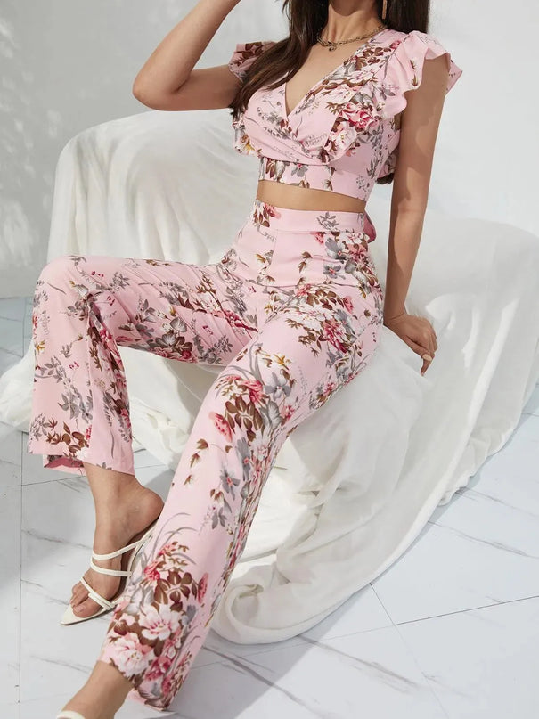 Honey Printed Surplice Cap Sleeve Top and Pants Set - ShopEasier