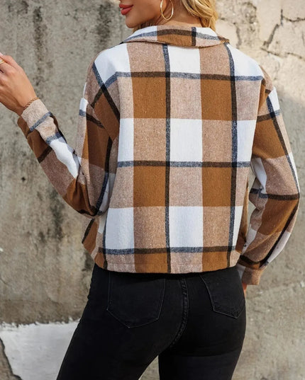 Plaid Cropped Jacket with Collared Neckline