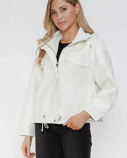 How Dare U Drawstring Hem PU Leather Zip Up Jacket - ShopEasier