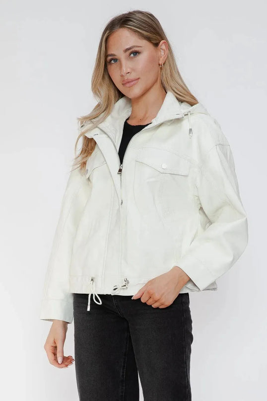 How Dare U Drawstring Hem PU Leather Zip Up Jacket - ShopEasier