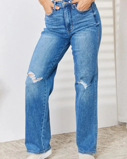 Judy Blue Full Size High Waist Distressed Straight-Leg Jeans - ShopEasier