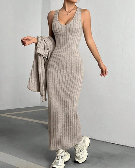 Ribbed Two-Piece Hooded Crop Top and V-Neck Tank Dress Ensemble