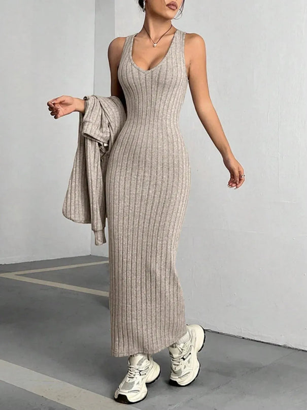 Ribbed Two-Piece Hooded Crop Top and V-Neck Tank Dress Ensemble